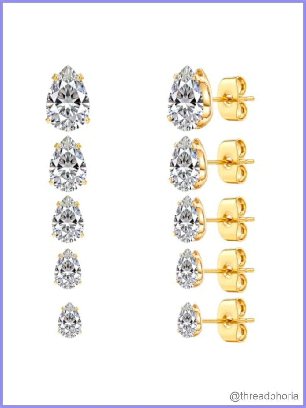 Pear Cut CZ Stud Earrings Gold Tone Push Back Closure 5 Pairs